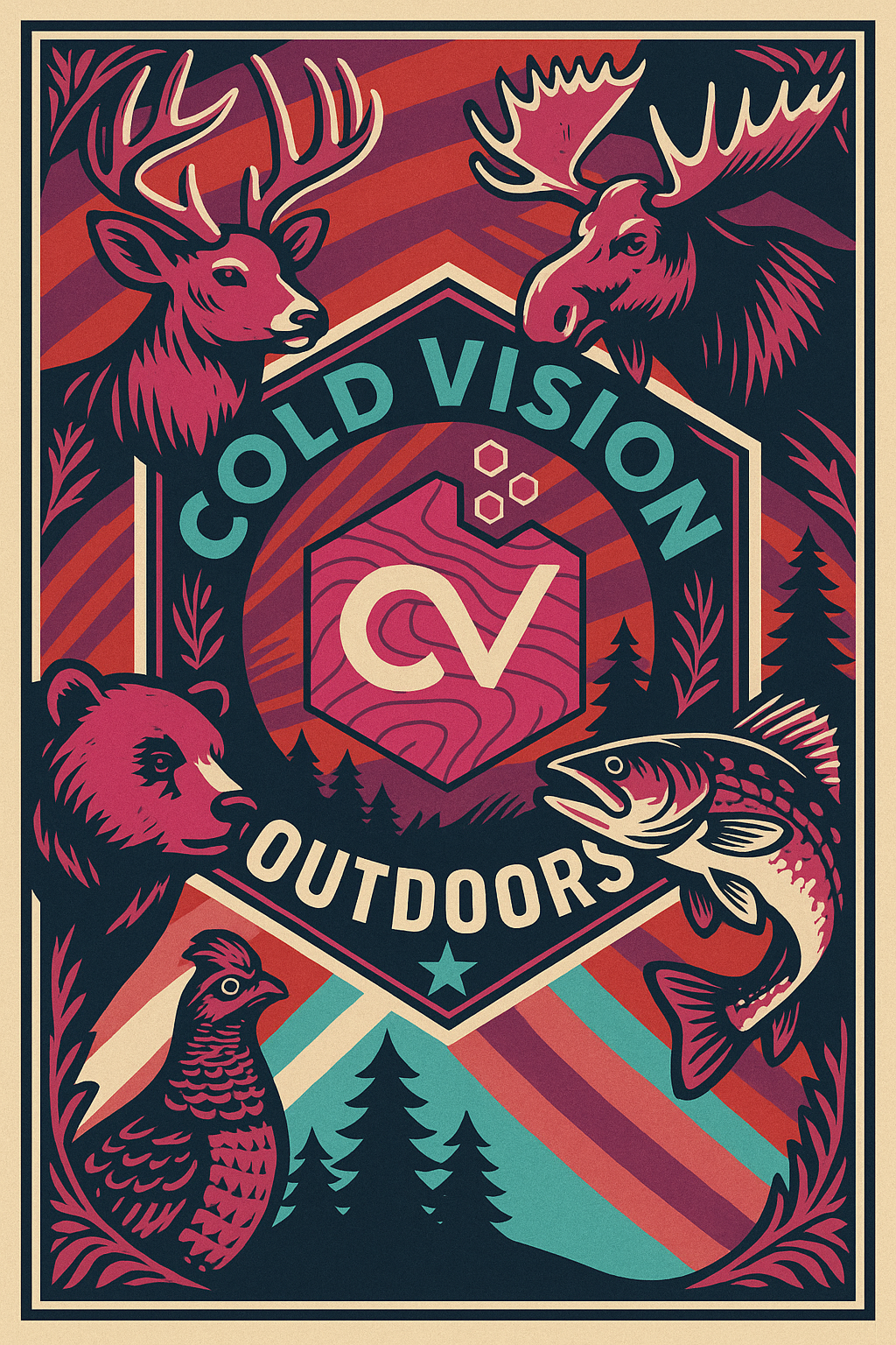 Cold Vision Outdoors illustrated poster with northwoods animals