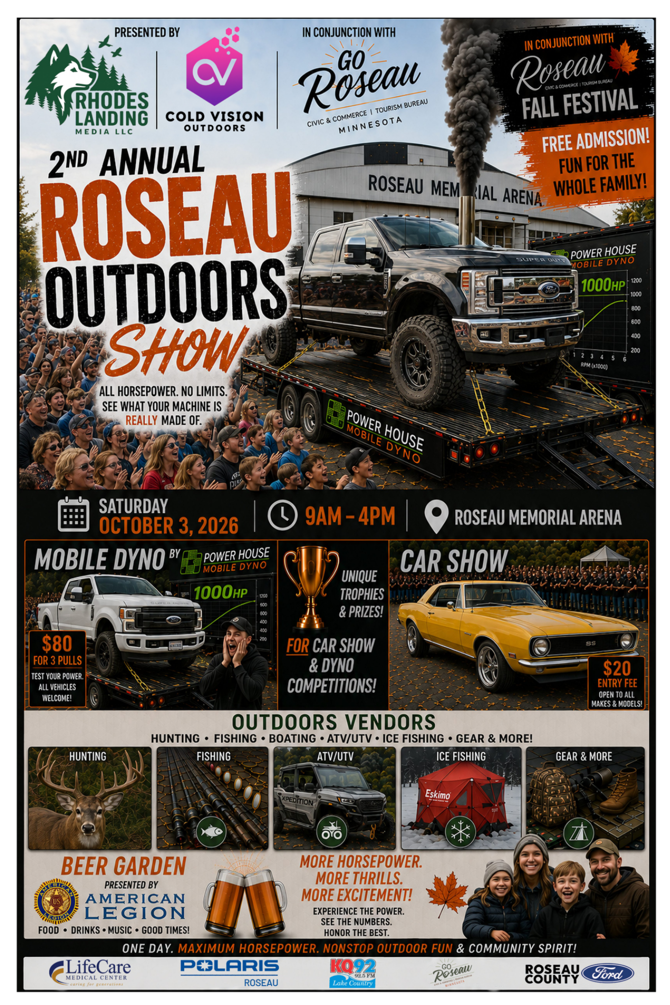 2026 Roseau Outdoors Show poster featuring a truck on the Powerhouse Mobile Dyno